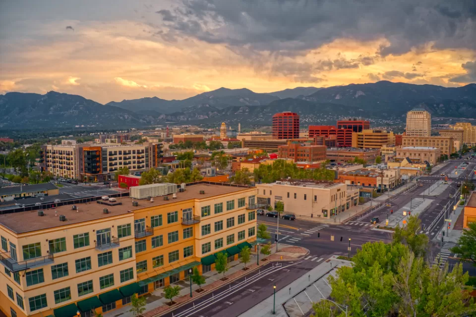 Aerial view of COlorado Springs, Colorado at dusk